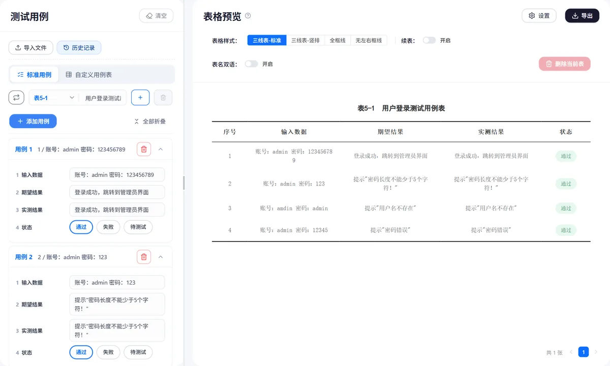 测试用例表操作界面